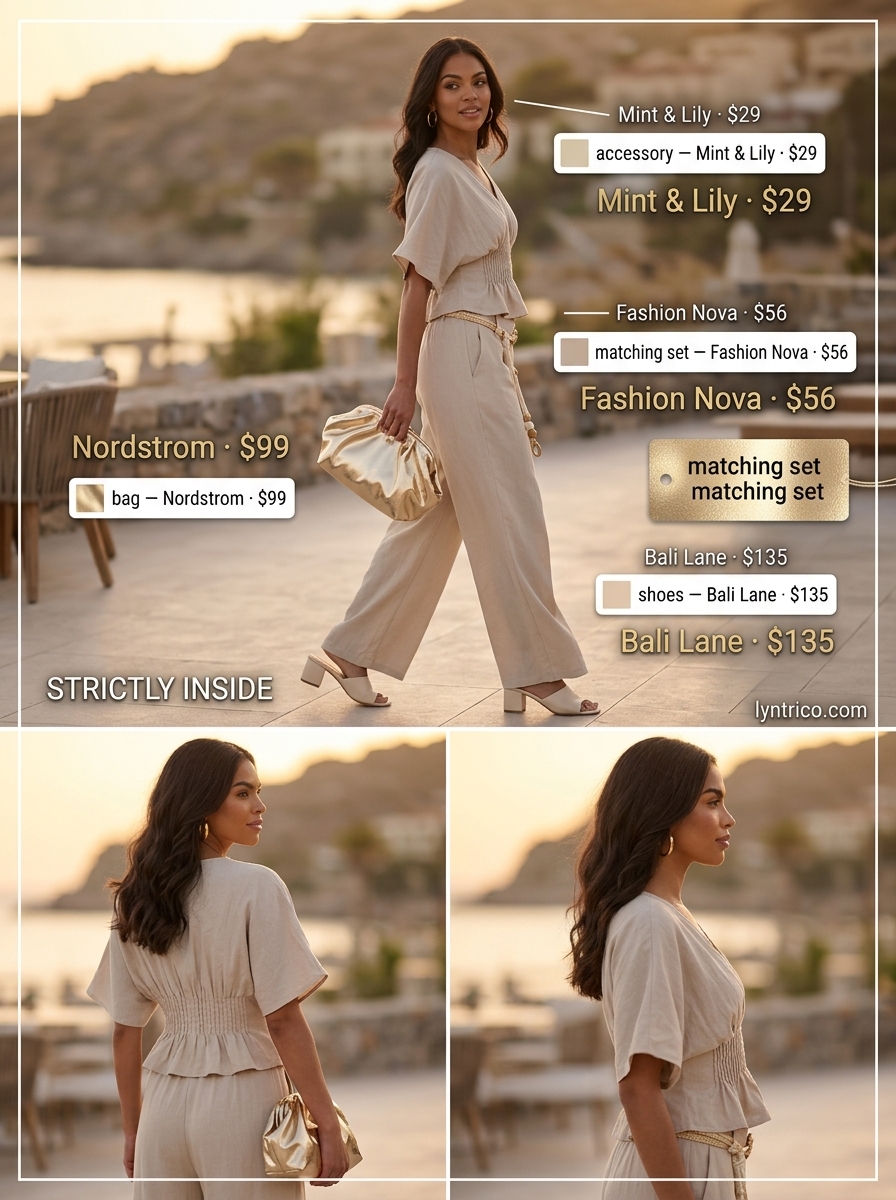 Summer outfits for women with brown hair 2026: Taupe linen set, cream mules, and gold clutch for summer evening.