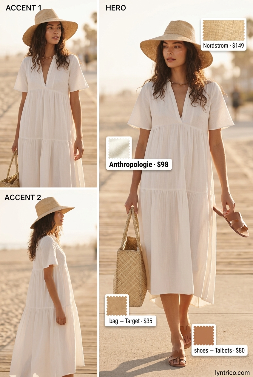 Summer outfits for women with brown hair 2026: Ivory maxi dress, tan slides, and straw tote for beach vacation.