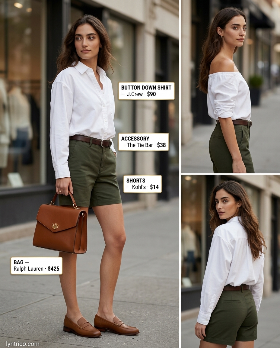 Summer outfits for women with brown hair 2026: Olive green shorts, white oversized shirt, and tan loafers for smart casual.