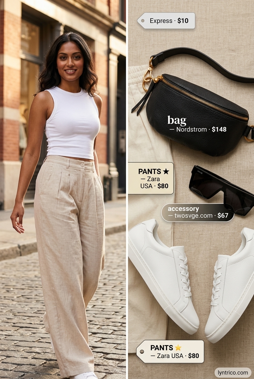 Summer outfits for women with brown hair 2026: Beige linen trousers, white tank, black belt bag, and white sneakers for city exploration.