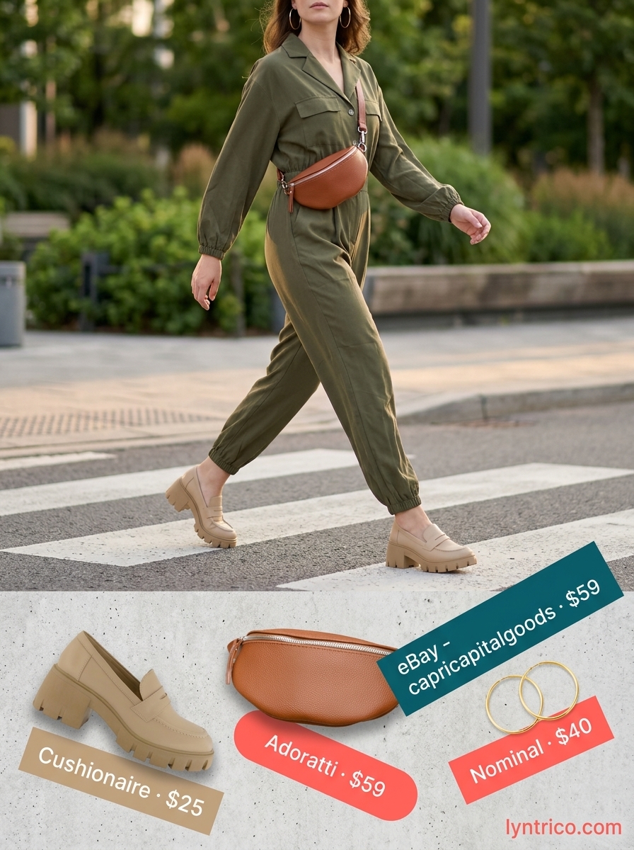 Summer outfits for women with brown hair 2026: Olive green utility jumpsuit, beige loafers, and tan belt bag for casual day.