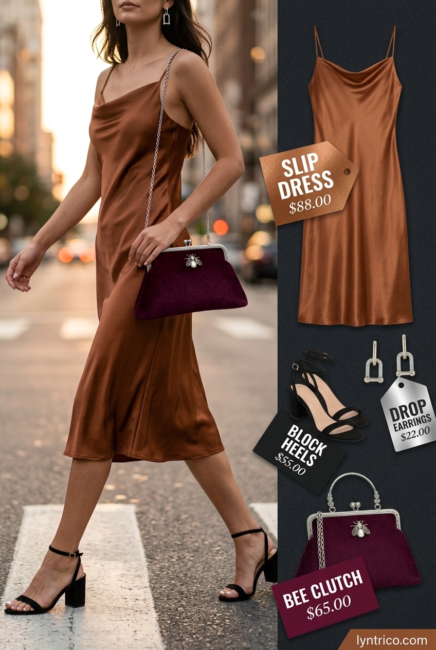 Summer outfits for women with brown hair 2026: Bronze satin slip dress, black heels, burgundy clutch, and geometric gold earrings.