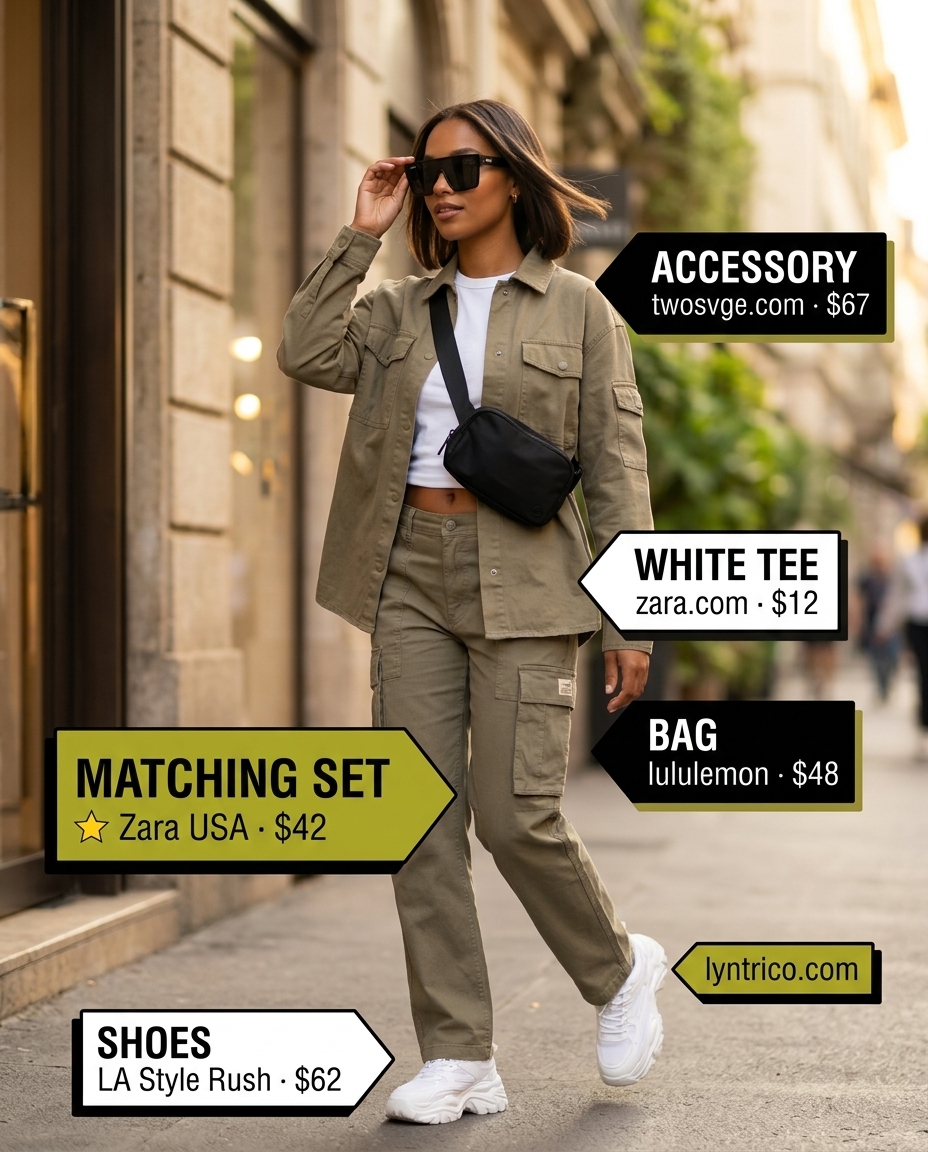 Summer outfits for women with brown hair 2026: Khaki cargo pants and top set with platform sneakers for trendy daytime.