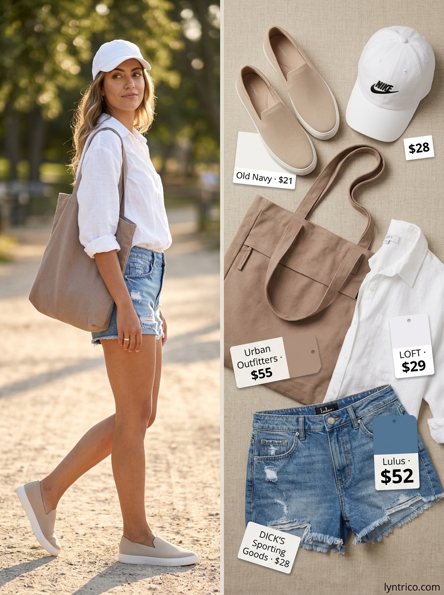 Summer outfits for women with brown hair 2026: Distressed denim shorts, linen shirt, canvas sneakers, and tote for weekend casual.