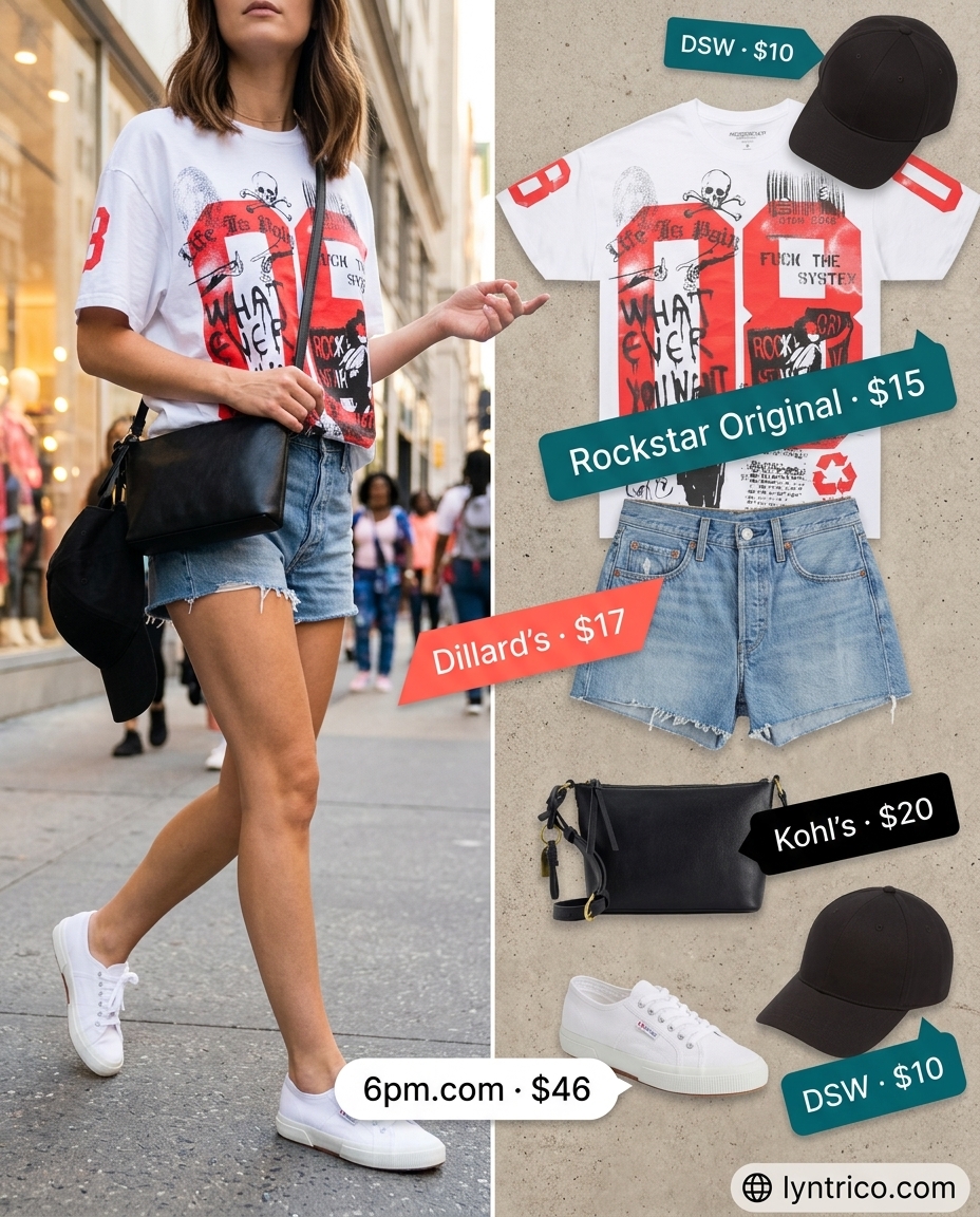 Summer outfits for women with brown hair 2026: Denim shorts, graphic tee, sneakers, and crossbody for weekend errands.
