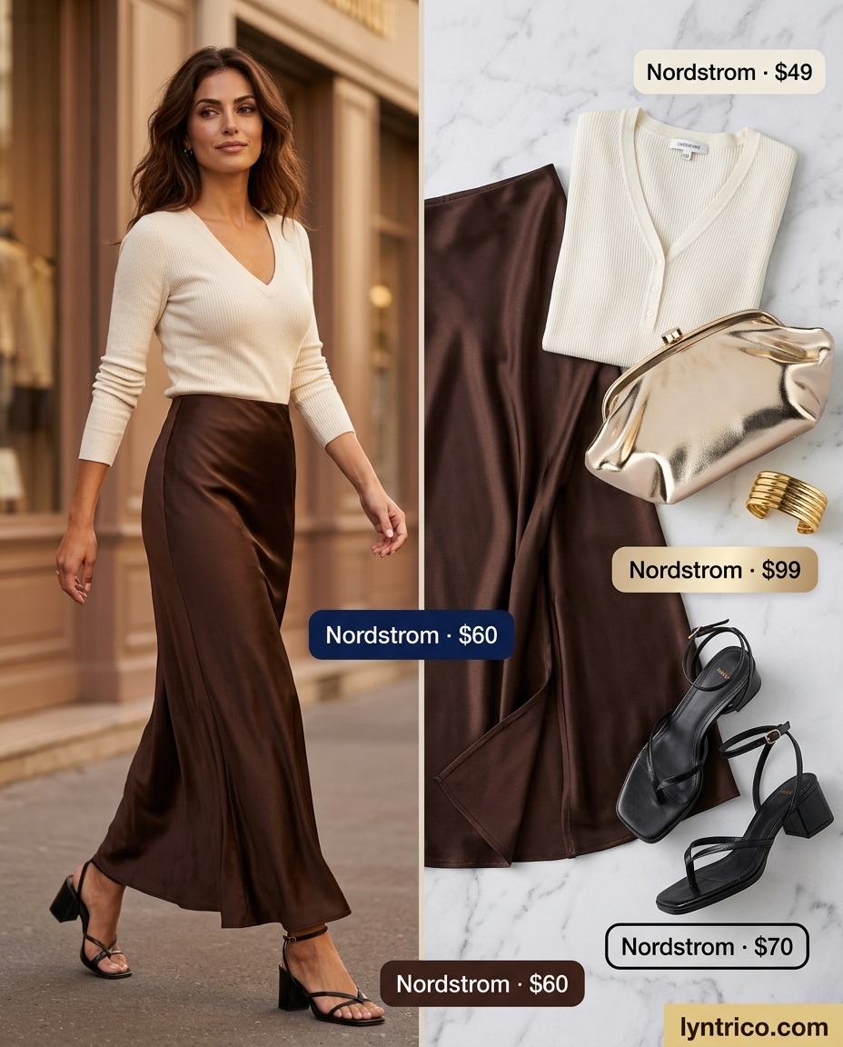 Summer outfits for women with brown hair 2026: Chocolate brown satin midi skirt, cream knit top, gold clutch, and heeled sandals for evening.