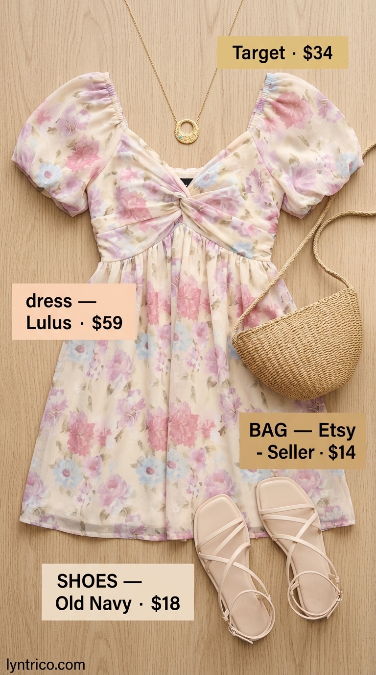 Summer outfits for women with brown hair 2026: Pastel pink floral mini dress, straw bag, tan sandals, and gold necklace for garden parties.