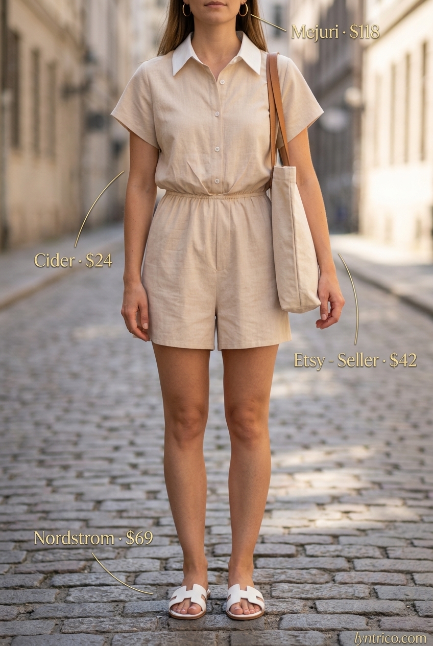 Summer outfits for women with brown hair 2026: Tan linen romper, white slide sandals, canvas tote, and gold hoop earrings for casual days.