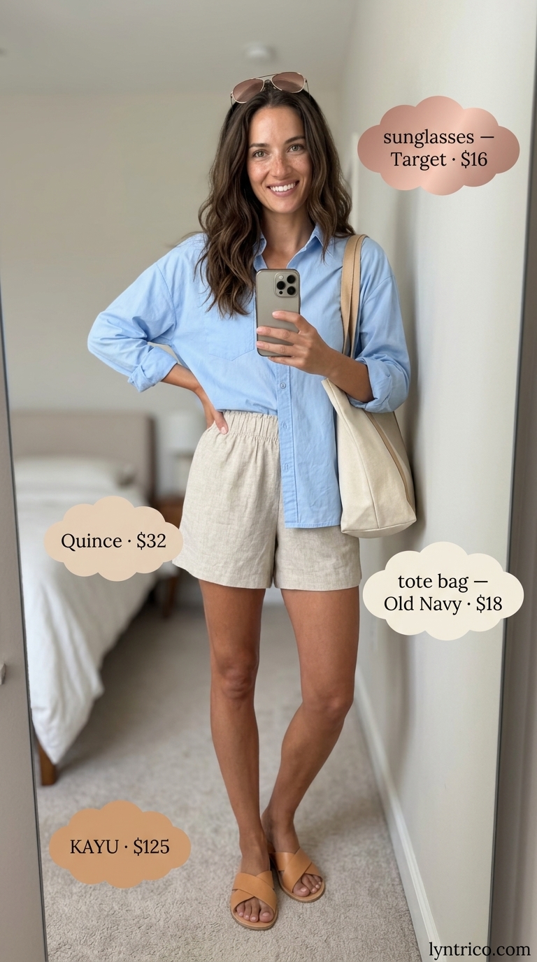Summer outfits for women with brown hair 2026: Relaxed beige linen set with canvas tote and slide sandals for a casual outing.