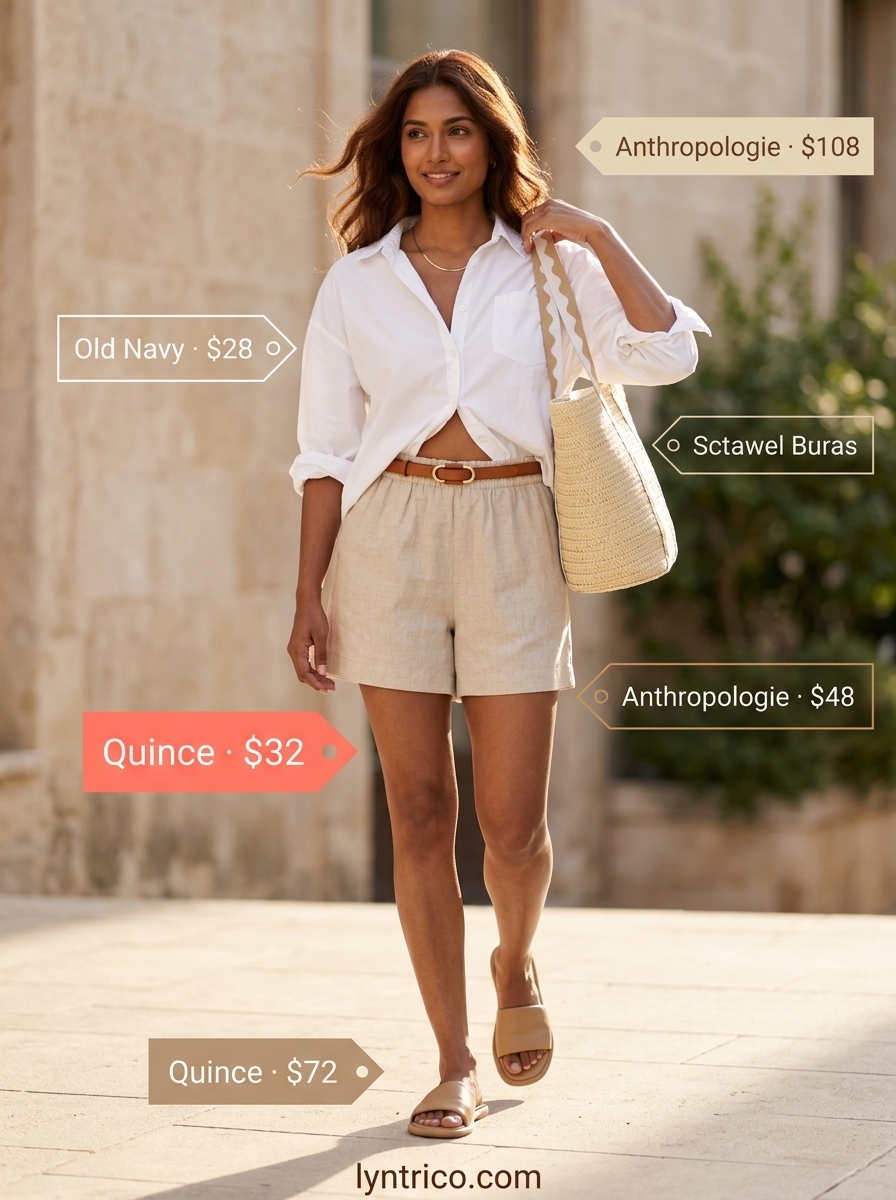 Summer outfits for women with brown hair 2026: Beige linen shorts, oversized white shirt, straw tote, and leather slides.
