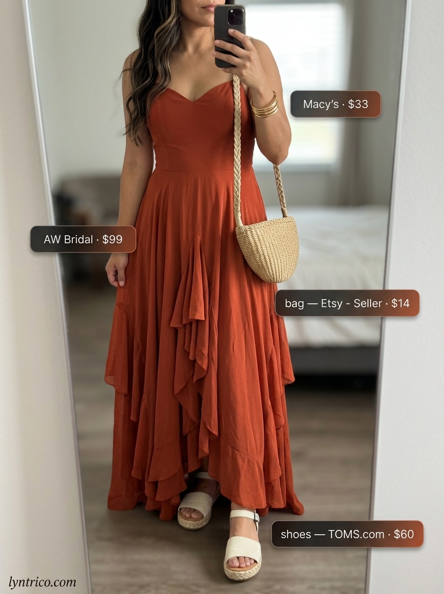 Summer outfits for women with brown hair 2026: Burnt orange maxi dress, straw bag, gold bangles, and espadrille sandals for beach dinners.