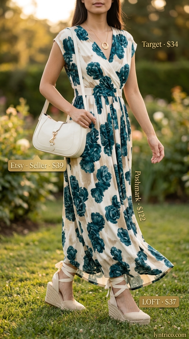Summer outfits for women with brown hair 2026: Retro floral maxi dress, cream espadrilles, vintage bag, and gold necklace for garden parties.