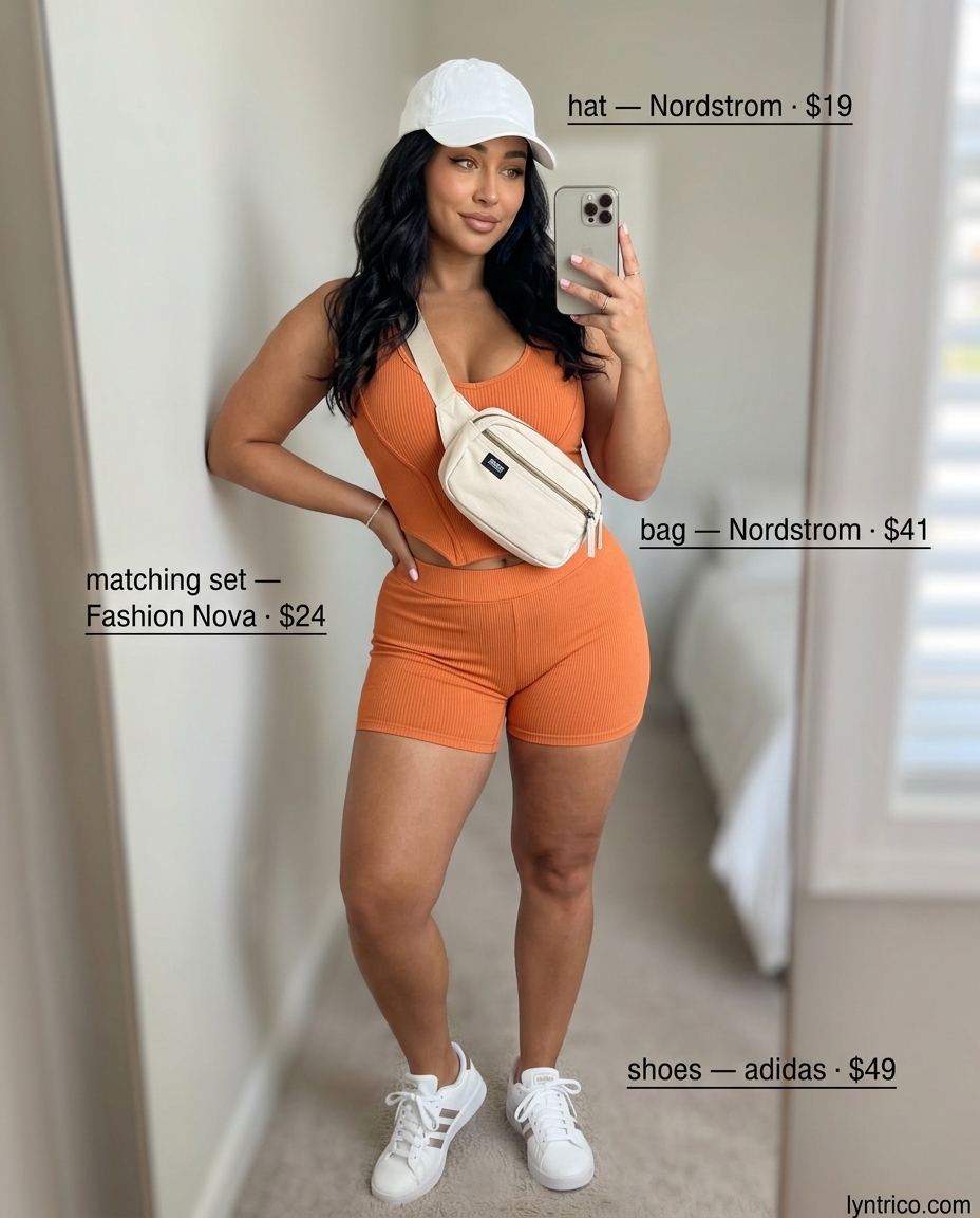 Summer outfits for women with brown hair 2026: Terracotta biker shorts and tank set with athletic sneakers for active days.