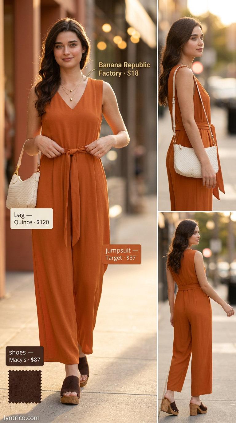Summer outfits for women with brown hair 2026: Terracotta wide-leg jumpsuit, woven bag, gold necklaces, and brown platform mules.