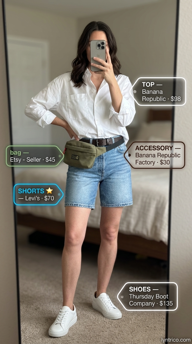 Summer outfits for women with brown hair 2026: Denim shorts, white oversized shirt, leather belt, canvas bag for city exploration.
