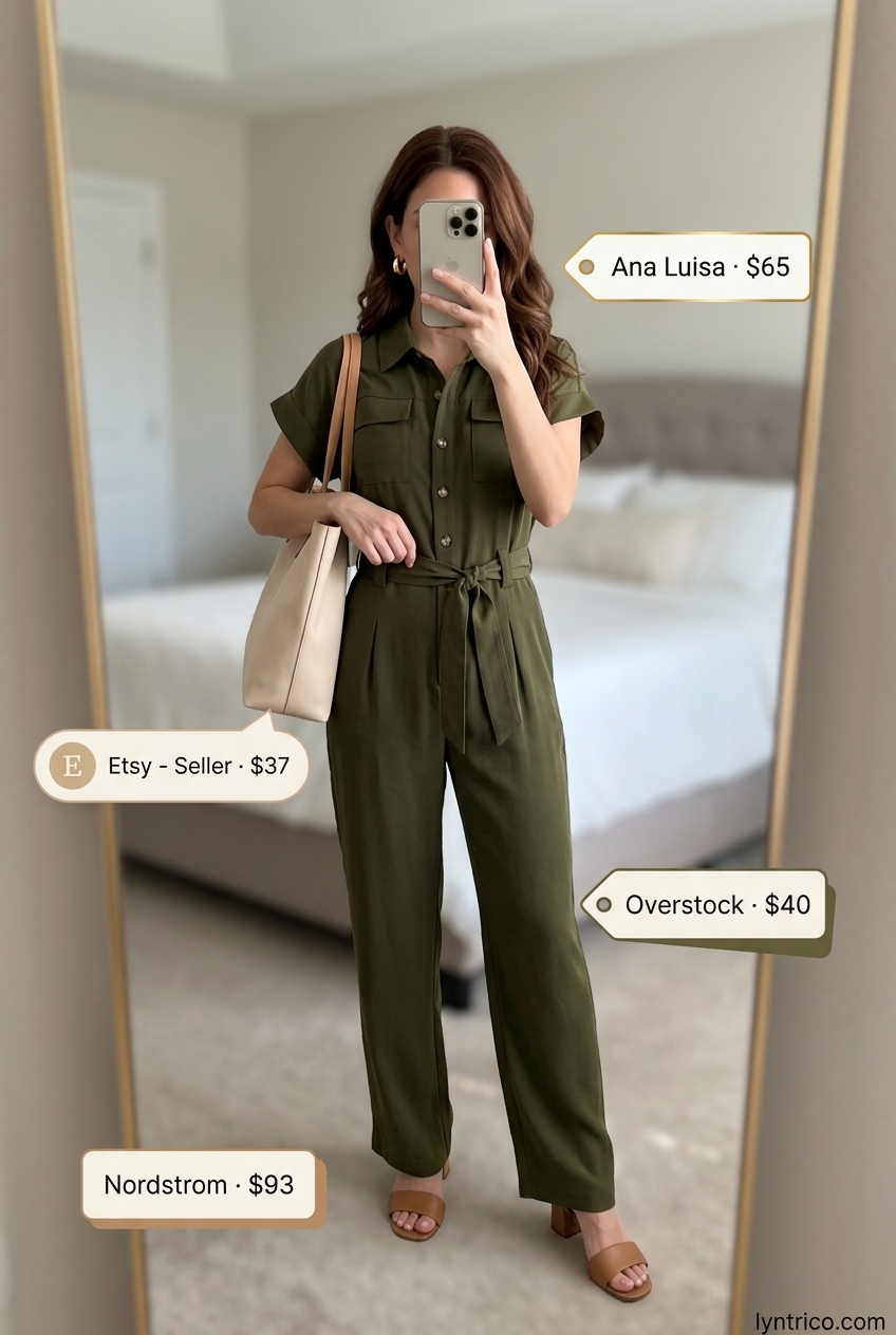 Summer outfits for women with brown hair 2026: Olive green utility jumpsuit, tan block heels, cream tote, and gold hoop earrings.