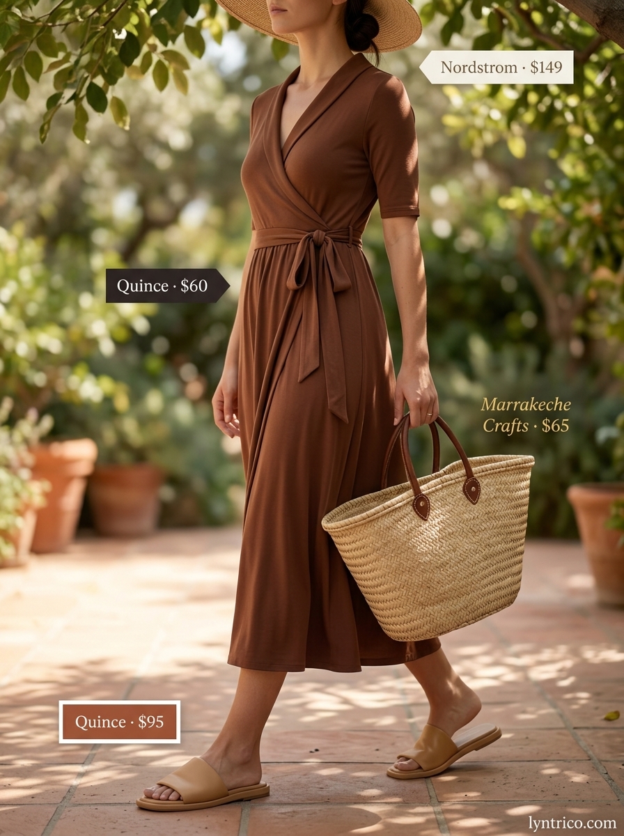 Summer outfits for women with brown hair 2026: Honey brown wrap dress with straw hat, tote, and leather sandals for garden parties.