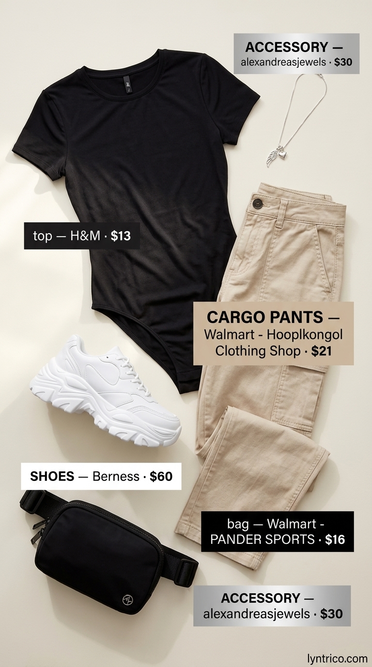 Summer outfits for women with brunette hair 2026: Beige cargo pants, black bodysuit, and white sneakers for a trendy street style.