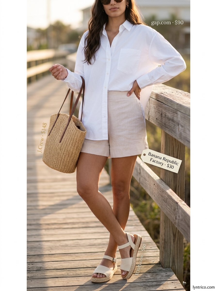 Summer outfits for women with brunette hair 2026: White oversized shirt, beige linen shorts, and straw tote for a beachy vibe.