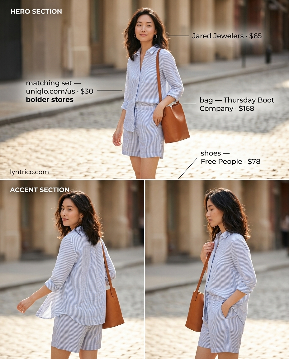 Summer outfits for women with brunette hair 2026: Blue stripe linen shorts set with tan slides for a relaxed beachy vibe.