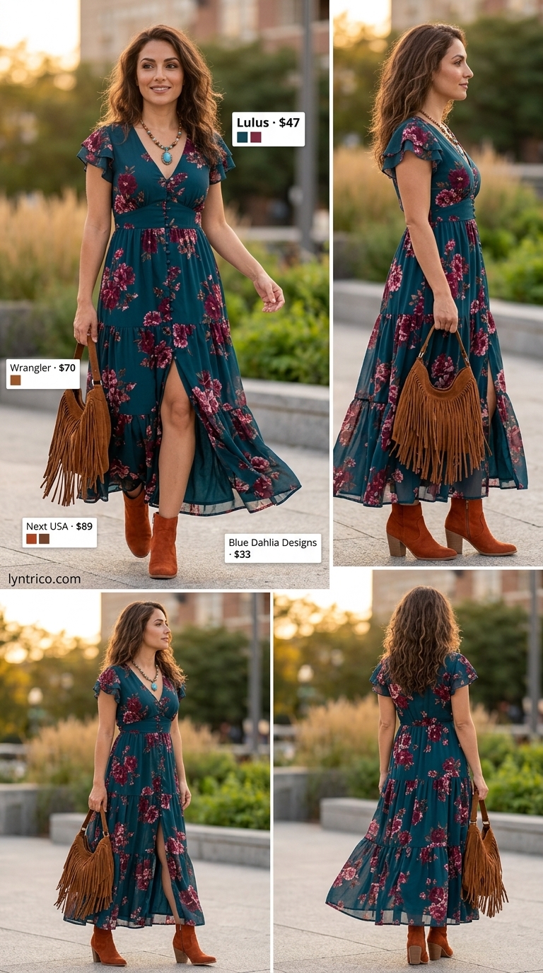 Bohemian maxi dress summer outfit for women with brunette hair 2026: teal floral print dress, suede boots, hobo bag.