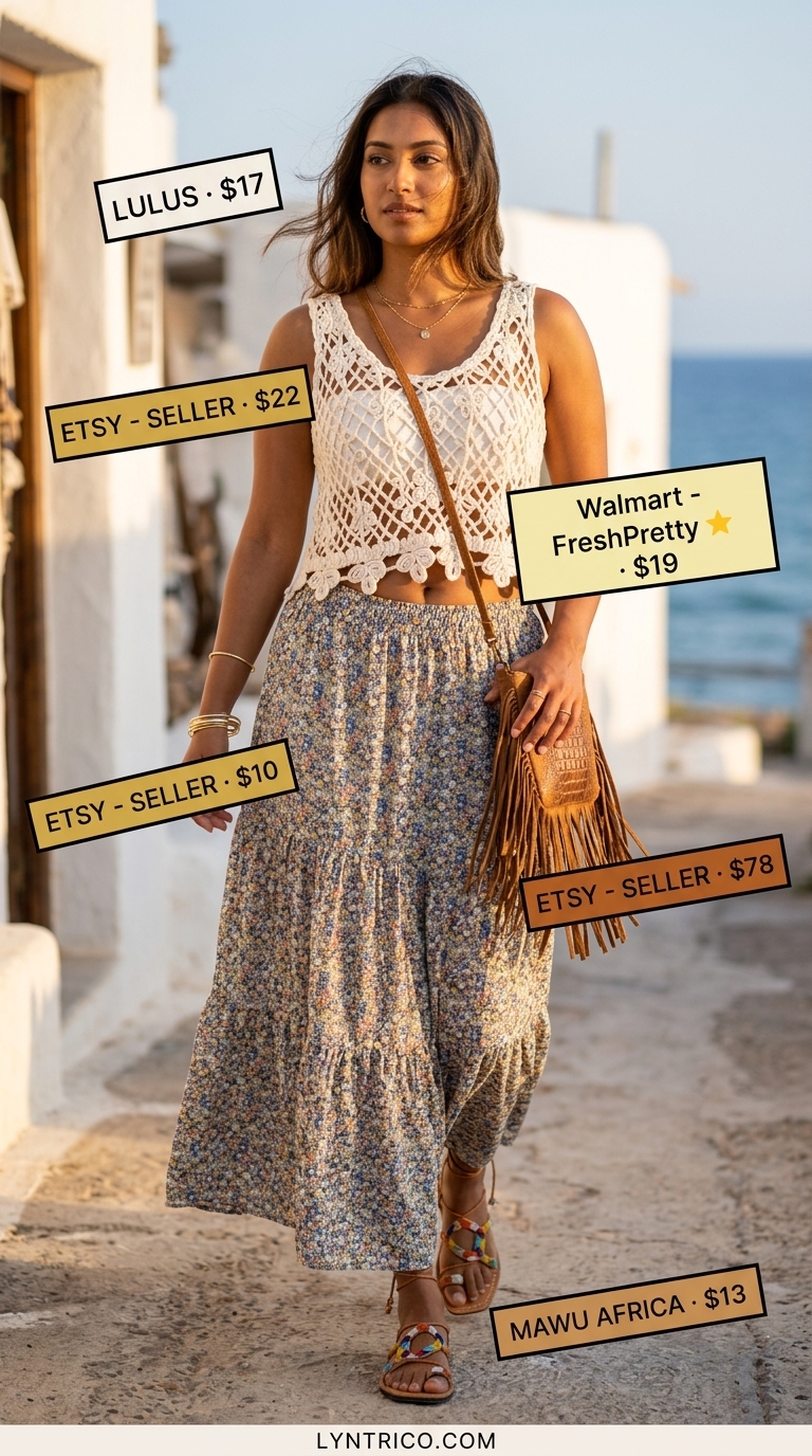 Summer outfits for women with brunette hair 2026: Boho floral maxi skirt, white crochet top, suede fringe bag, and embellished sandals.