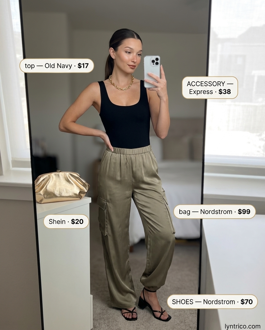 Trendy cargo utility summer outfit for women with brunette hair 2026: khaki green wide-leg cargo pants, black bodysuit, heeled sandals.