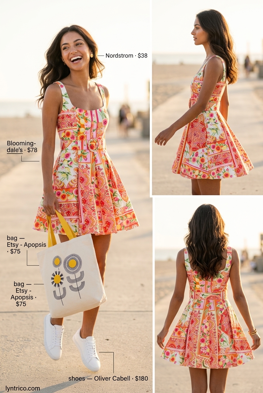 Summer outfits for women with brunette hair 2026: Yellow citrus print sundress with white sneakers and canvas tote.