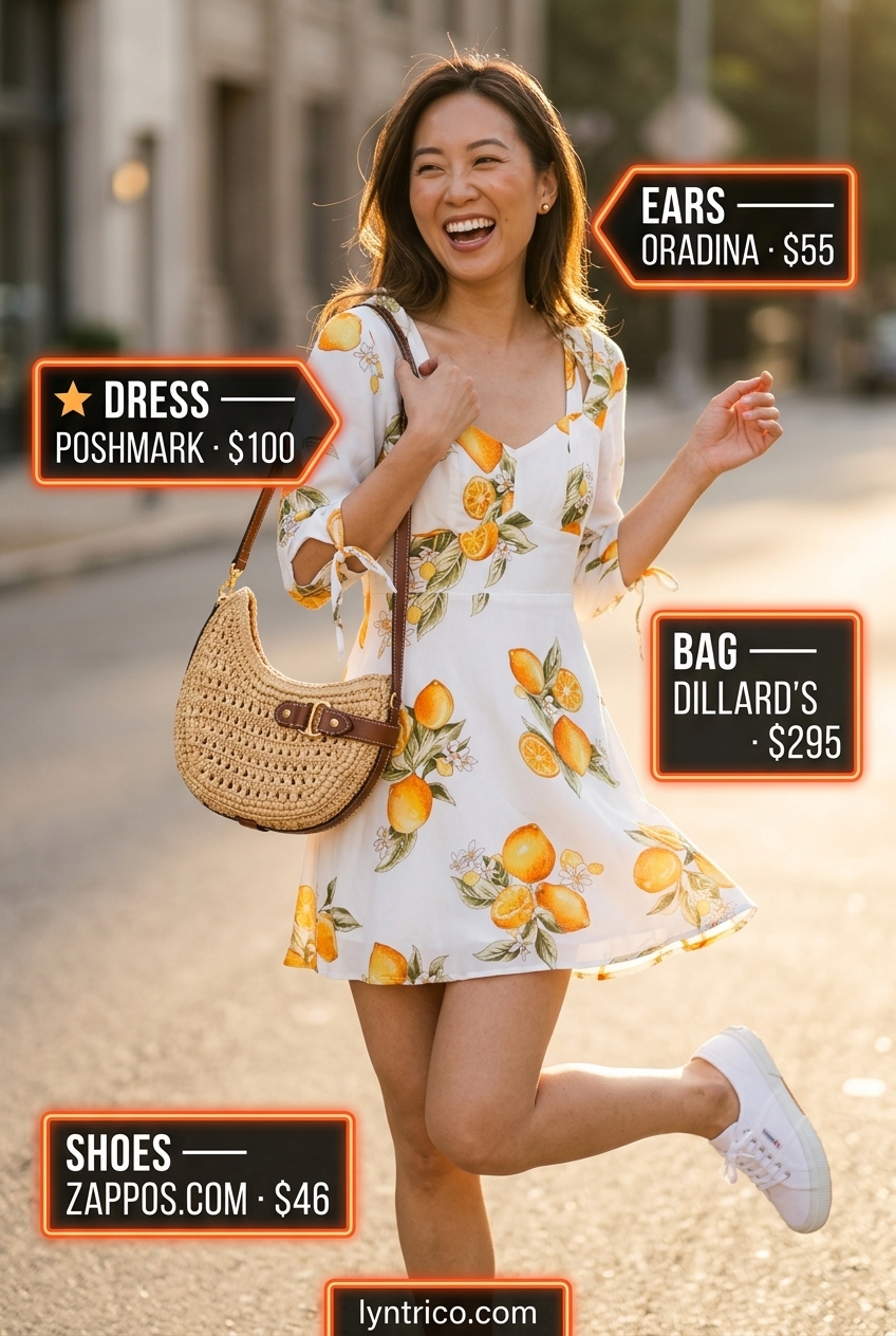 Summer outfits for women with brunette hair 2026: Citrus print mini sundress, white sneakers, and straw crossbody bag.