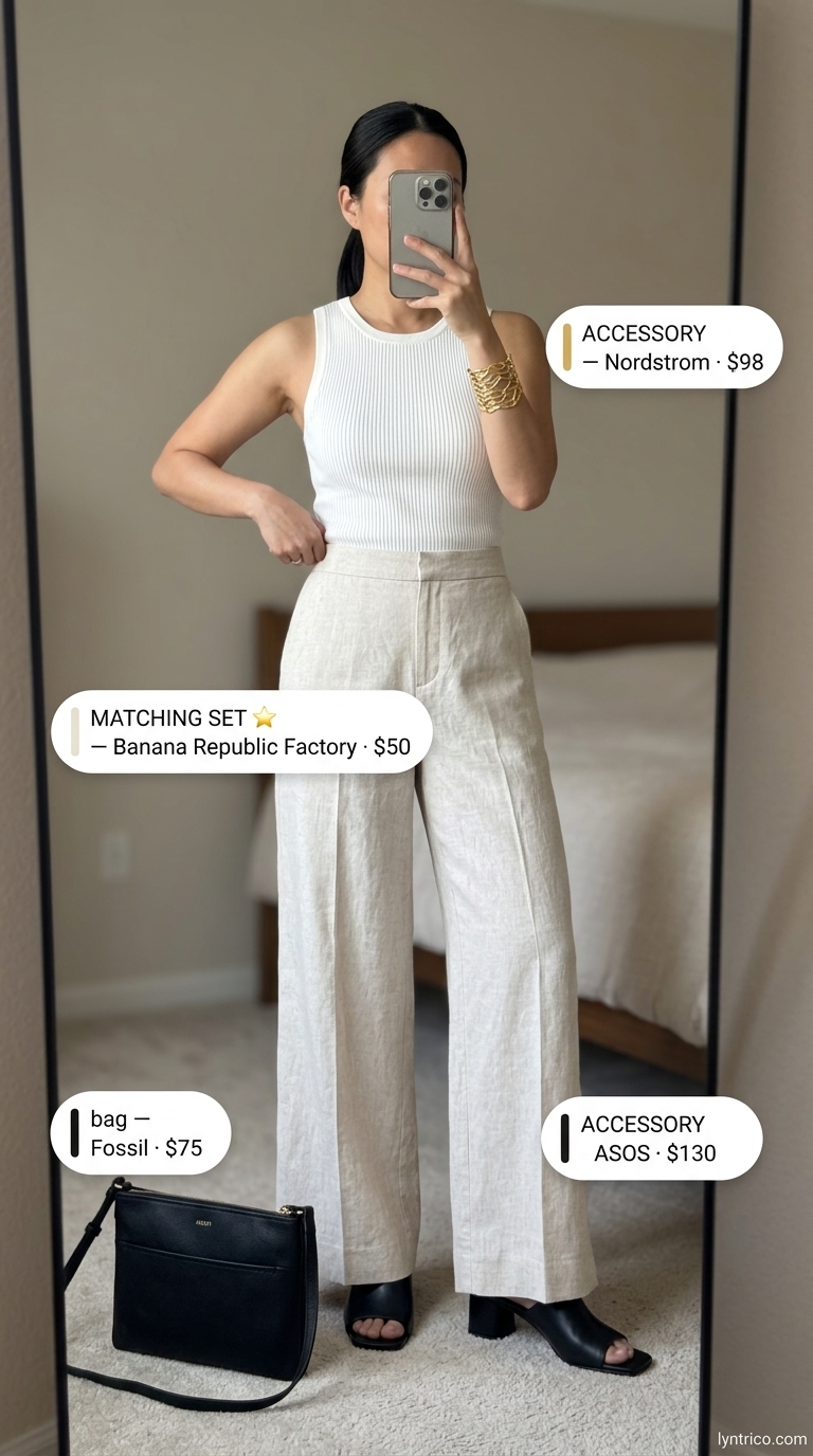 Summer outfits for women with brunette hair 2026: Cream linen wide-leg pants, halter top, black mules, and gold jewelry.