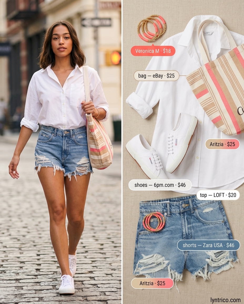 Casual denim shorts summer outfit for women with brunette hair 2026: medium wash shorts, white oversized shirt, white sneakers.
