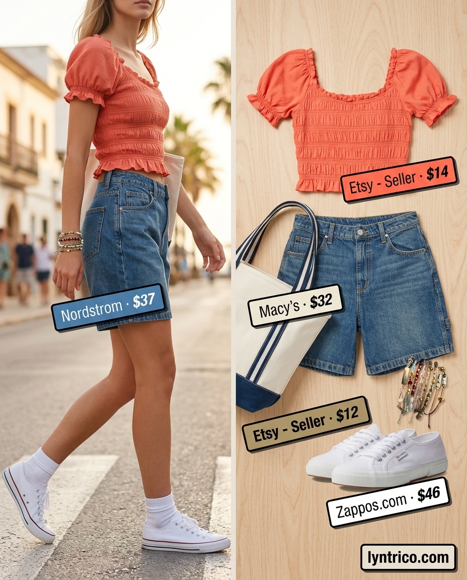 Summer outfits for women with brunette hair 2026: Denim shorts, coral puff-sleeve blouse, white sneakers, and straw tote.
