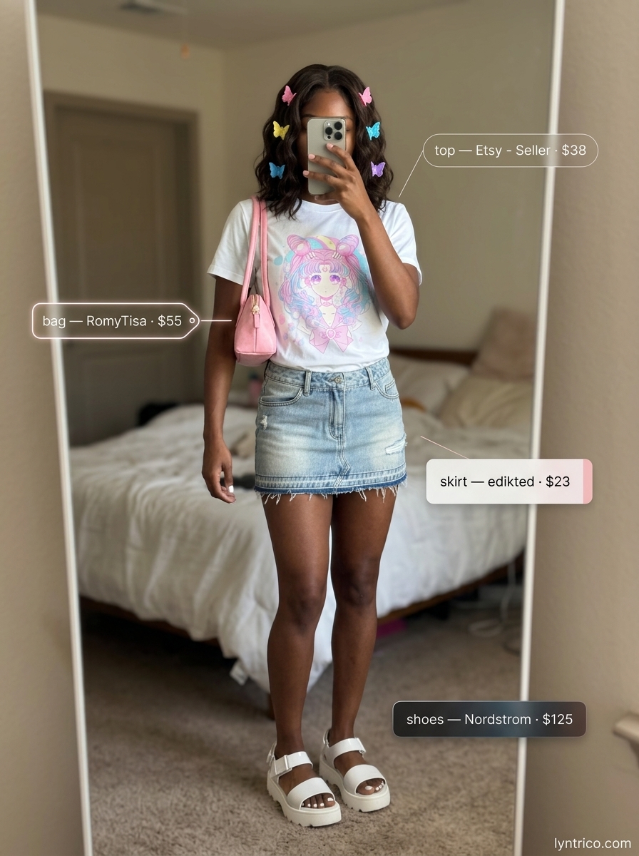 Playful denim mini skirt summer outfit for women with brunette hair 2026: light wash skirt, graphic tee, platform sandals.