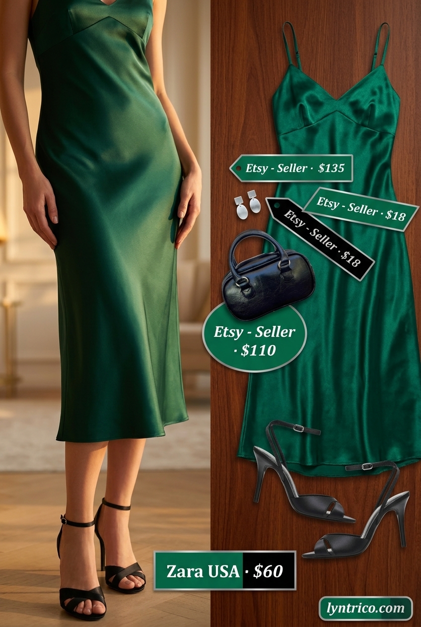 Summer outfits for women with brunette hair 2026: Emerald green slip dress, black strappy heels, and silver drop earrings.
