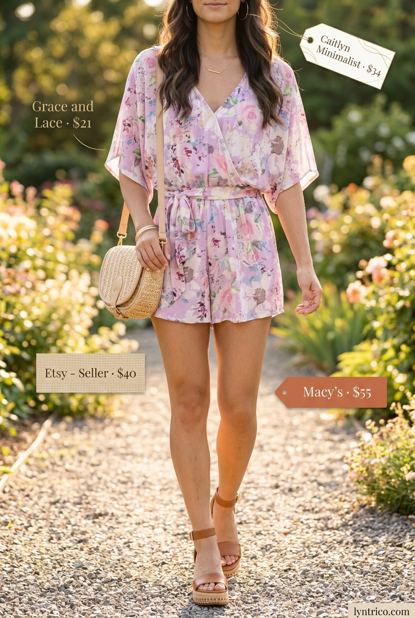 Romantic floral romper summer outfit for women with brunette hair 2026: lavender floral print, espadrille wedges, straw bag.