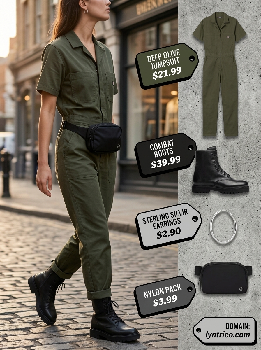 Cool utility jumpsuit summer outfit for women with brunette hair 2026: olive green short-sleeved jumpsuit, combat boots, belt bag.