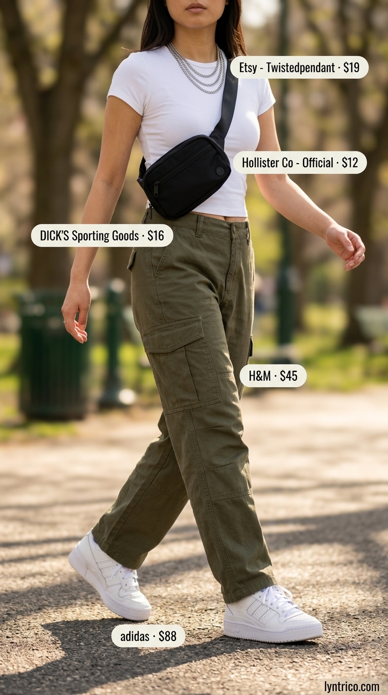 Summer outfits for women with brunette hair 2026: Khaki cargo pants, white tee, and chunky sneakers for a cool streetwear look.