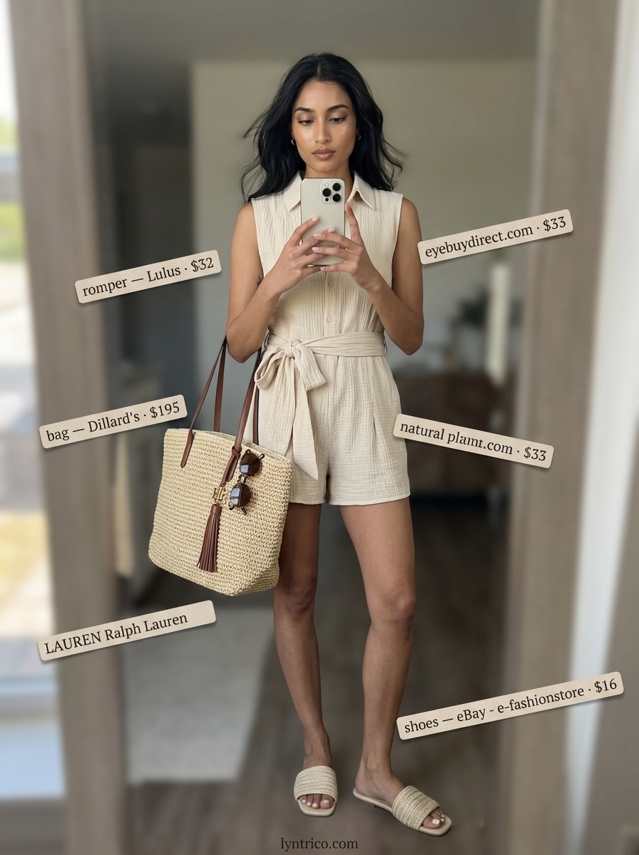 Summer outfits for women with brunette hair 2026: Light beige linen romper, woven espadrilles, straw tote, and sunglasses.