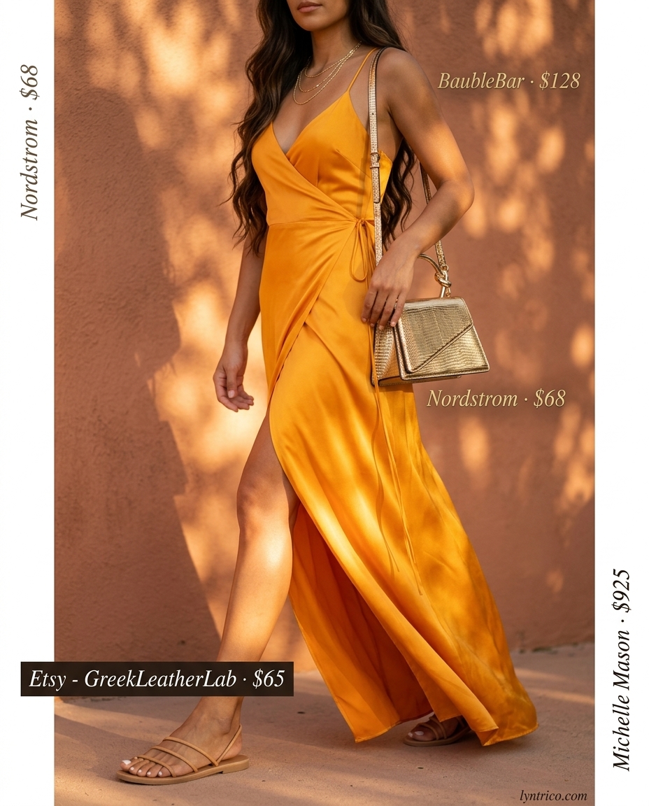 Effortless maxi dress summer outfit for women with brunette hair 2026: marigold orange dress, gold jewelry, tan sandals.