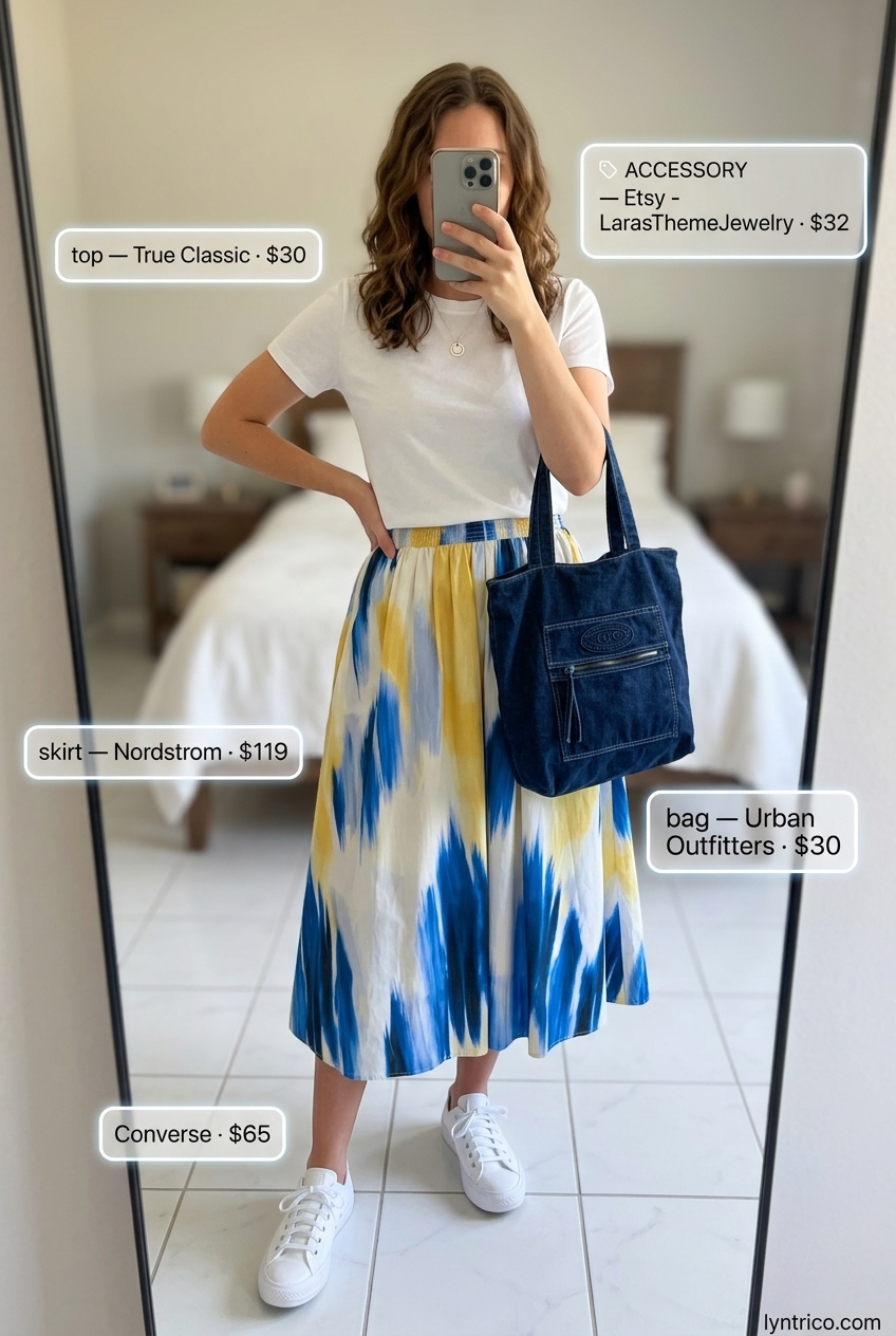 Summer outfits for women with brunette hair 2026: Multicolor abstract print midi skirt, white tee, denim jacket & sneakers.