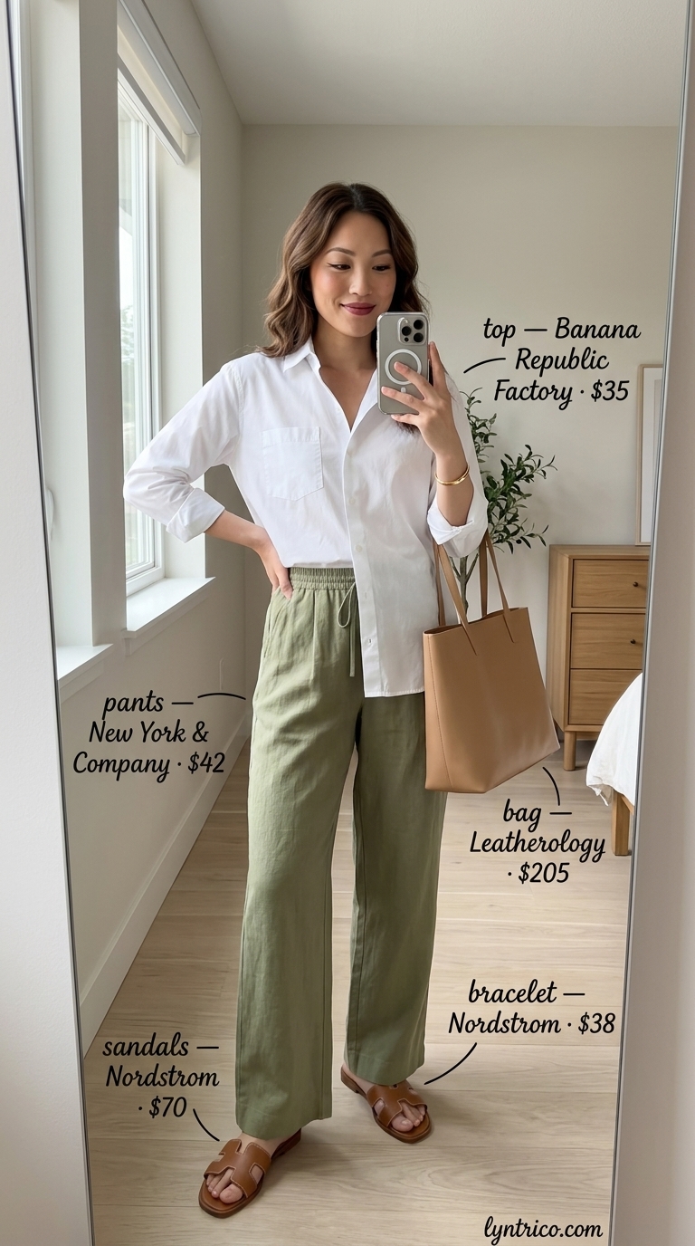 Summer outfits for women with brunette hair 2026: Olive green linen trousers, white shirt, and tan leather sandals for chic style.