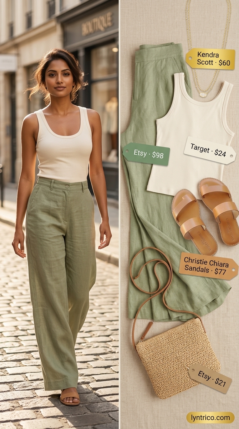 Summer outfits for women with brunette hair 2026: Sage green linen pants, cream tank, and tan sandals for a chic casual evening.