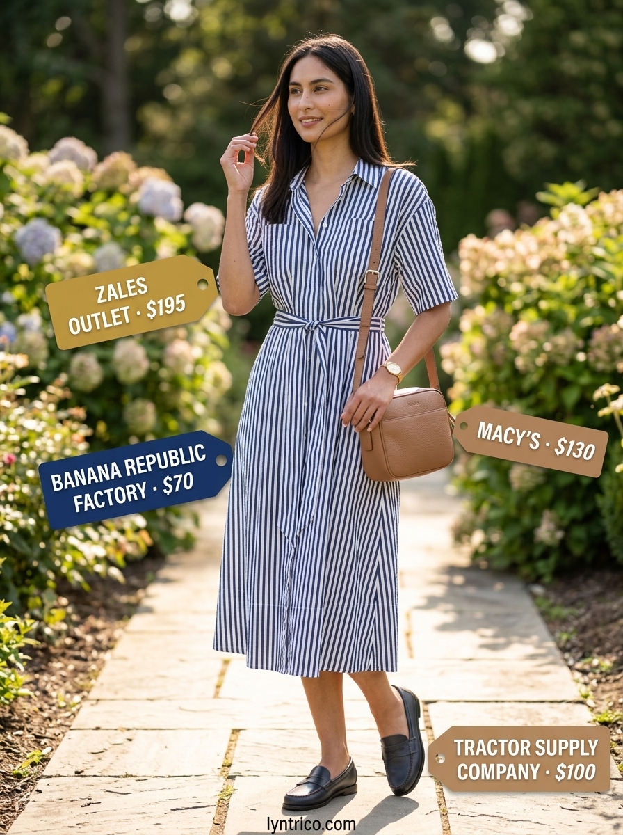 Summer outfits for women with brunette hair 2026: Navy and white seersucker midi shirt dress, tan crossbody, and loafers.