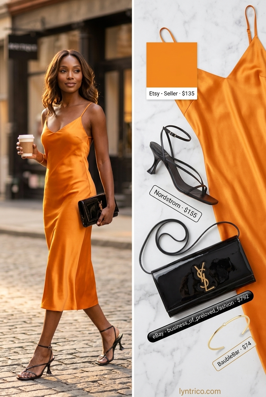Sophisticated slip dress summer outfit for women with brunette hair 2026: mango orange satin midi dress, black heels, gold jewelry.