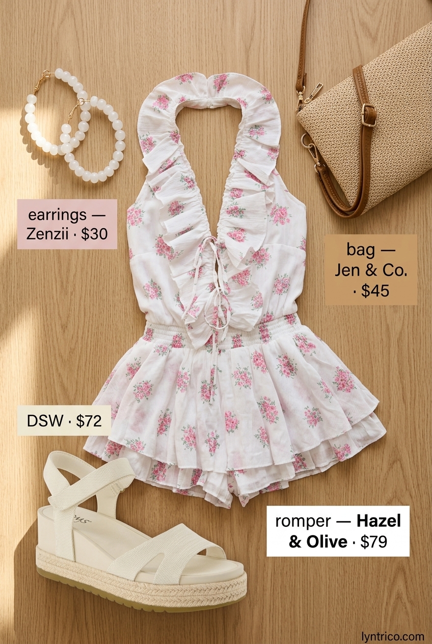 Sweet romper summer outfit for women with brunette hair 2026: pink floral print romper, espadrille wedges, straw bag.