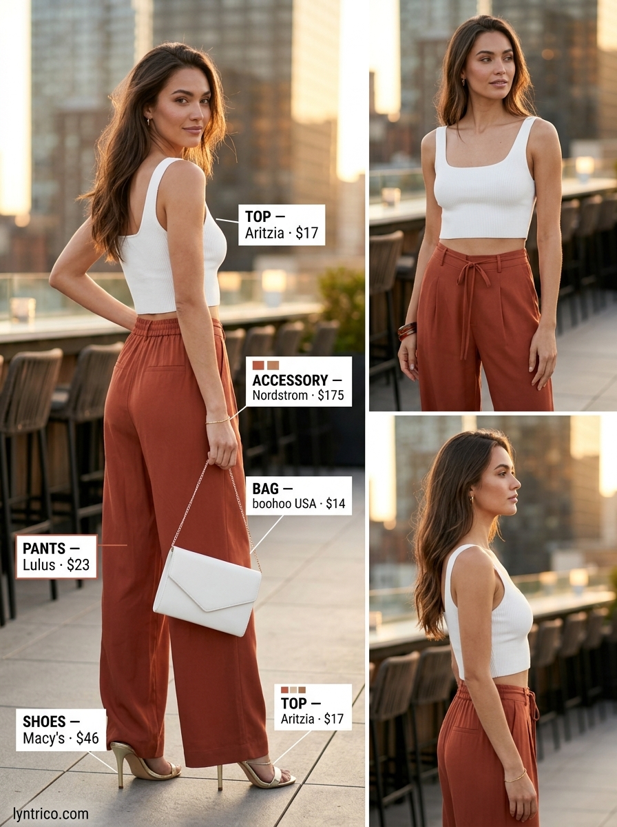 Summer outfits for women with brunette hair 2026: Terracotta wide-leg pants, white crop top, and gold heels for an elegant look.