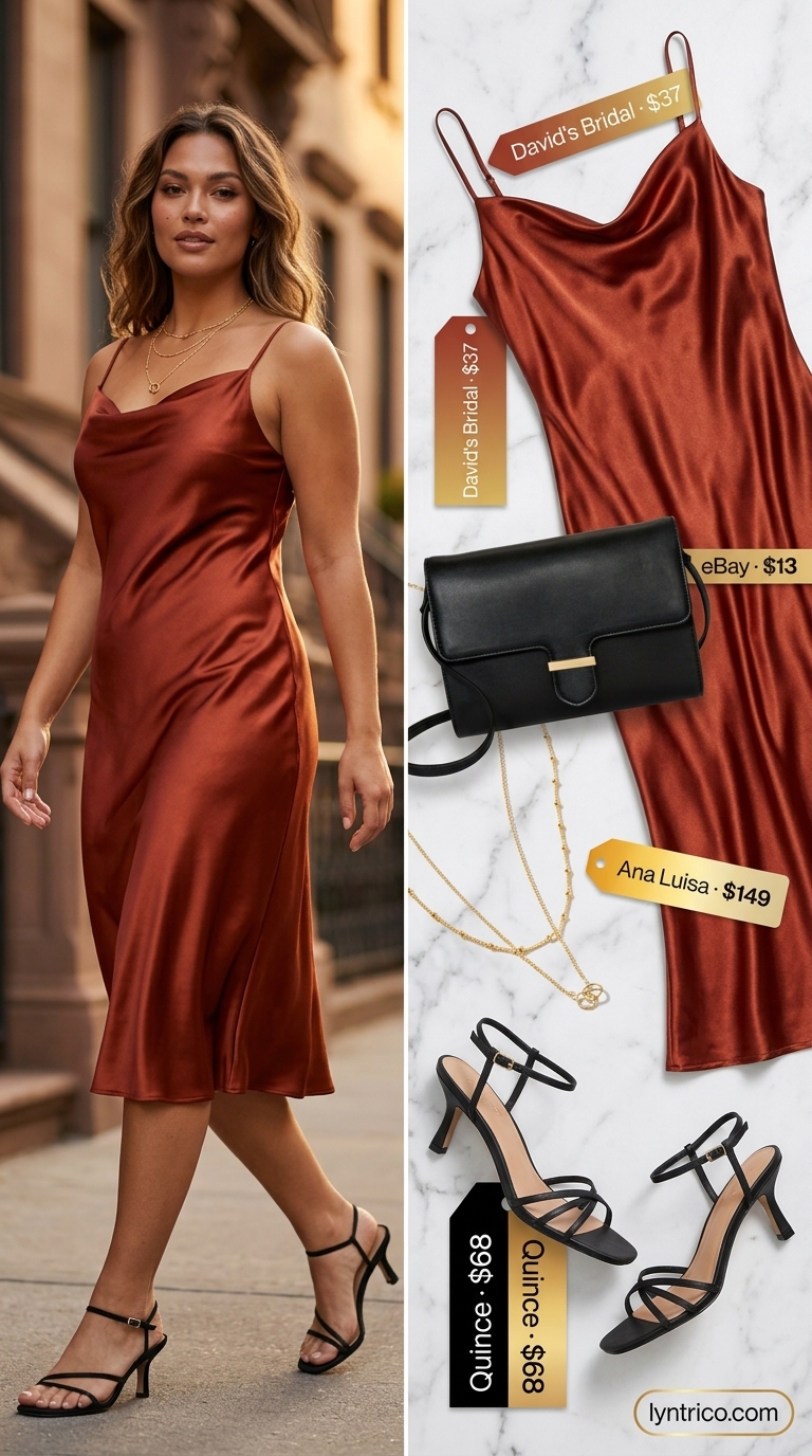 Summer outfits for women with golden skin tone 2026: Caramel slip dress with gold jewelry for evening drinks.