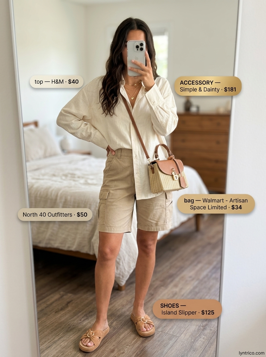 Summer outfits for women with golden skin tone 2026: Terracotta cargo shorts, cream oversized shirt, gold necklaces for casual day.