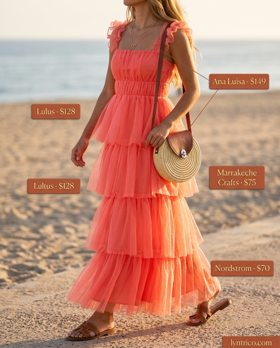 Summer outfits for women with golden skin tone 2026: Coral maxi dress with straw bag for beach dinners.