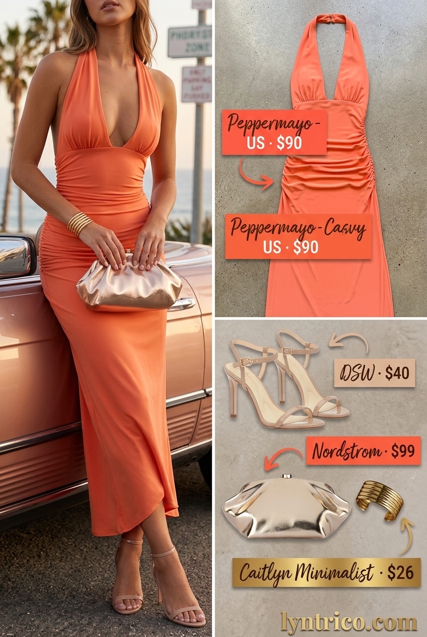 Summer outfits for women with golden skin tone 2026: Coral orange maxi dress for elegant resort dinners.